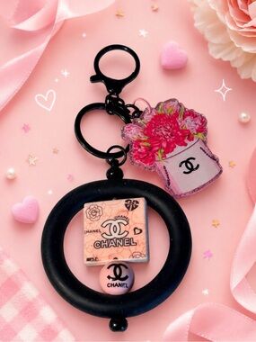 Handmade Pink and Black Logo Charm Keychain